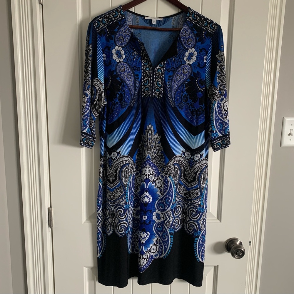 Studio one shift dress 3/4 sleeve blue black white tunic size large knee length